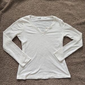 Fashion White Ribbed Long Sleeve Top Size L Notch neck Y2K minimalist